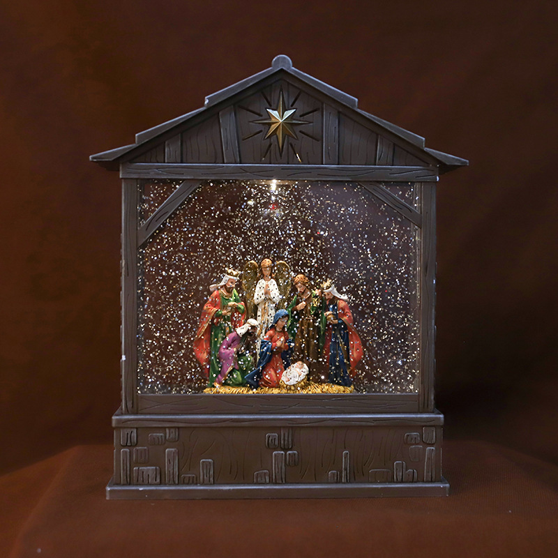 Navidad pesebre casa plana luz de agua regalo de micro paisaje decoración religiosa caja de música decoración de atmósfera de nieve automática