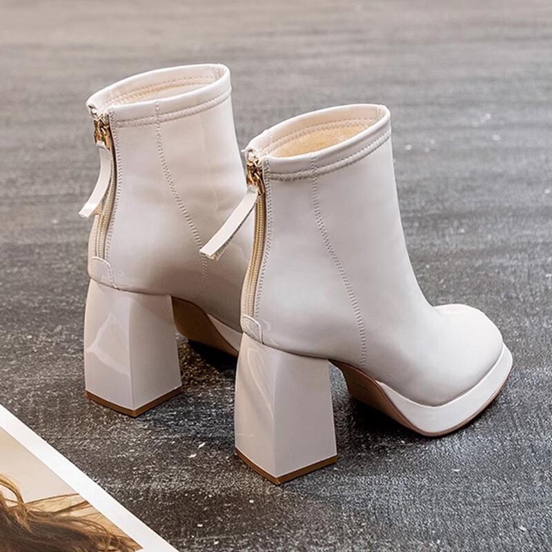 Square Toe Boots Thick Heel High Heels Women's Autumn and Winter Single Boots Patent Leather creamy-white Martin Boots Thin Boots Waterproof Platform Boots