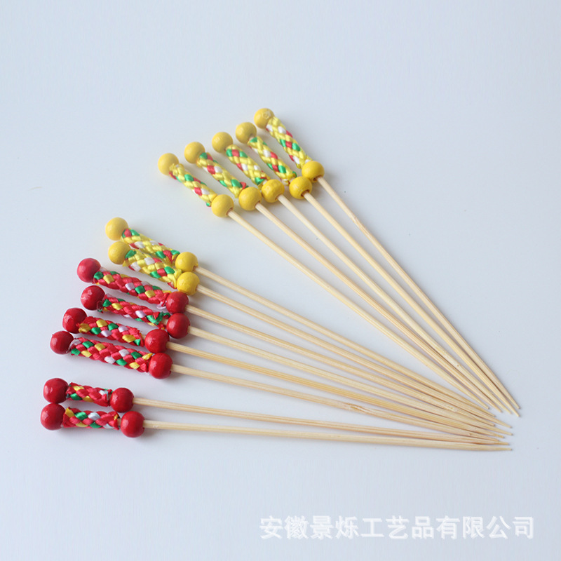 中国红民族风双珠签红线套黄线套水果签鸡尾酒装饰签一次性竹签