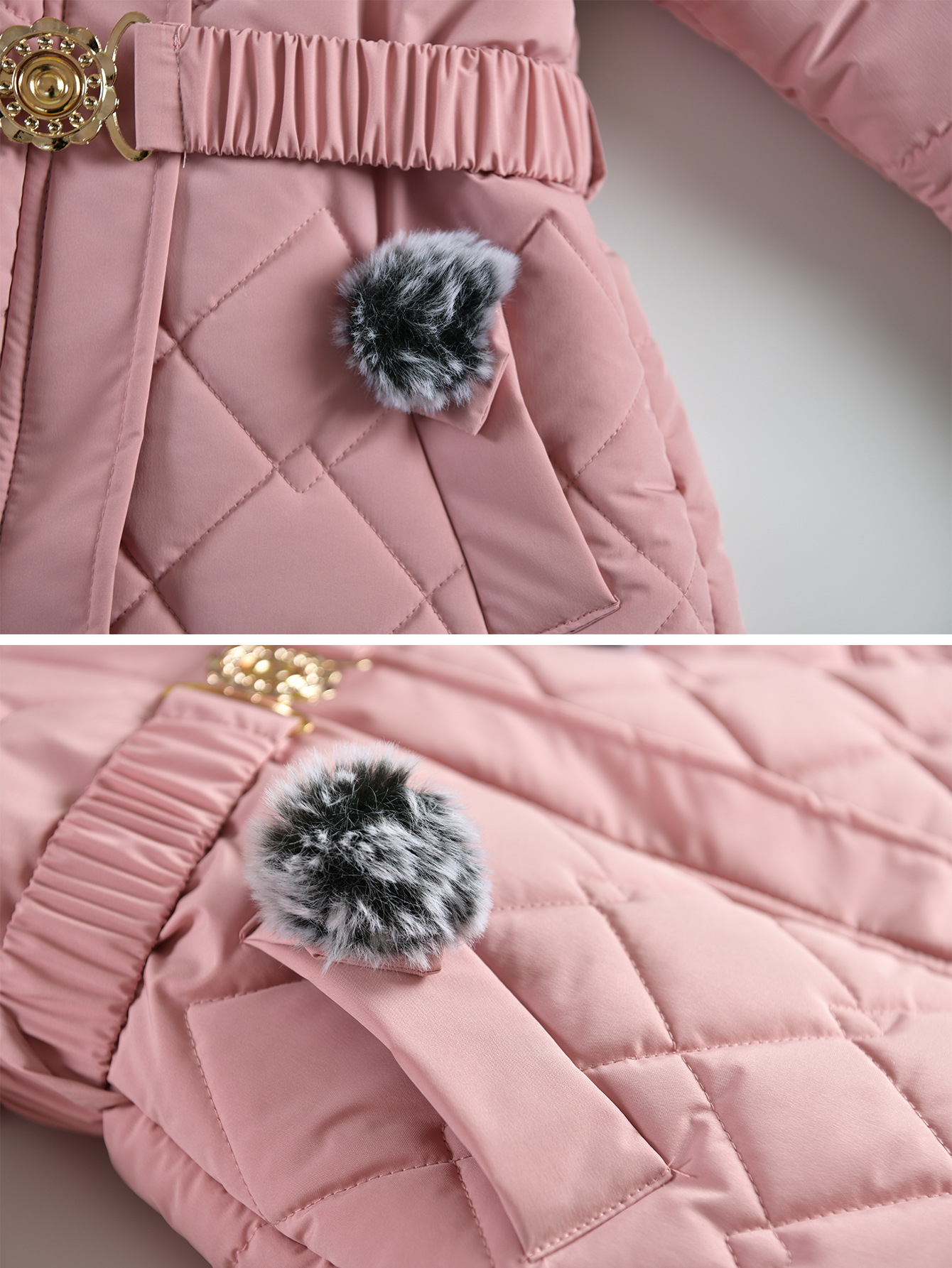 Winter Korean Style Girls' Mid Length Cotton Padded Jacket Western Style Heart Shaped Rhombus Pattern Cotton Padded Jacket With Fur Collar_voghion.com