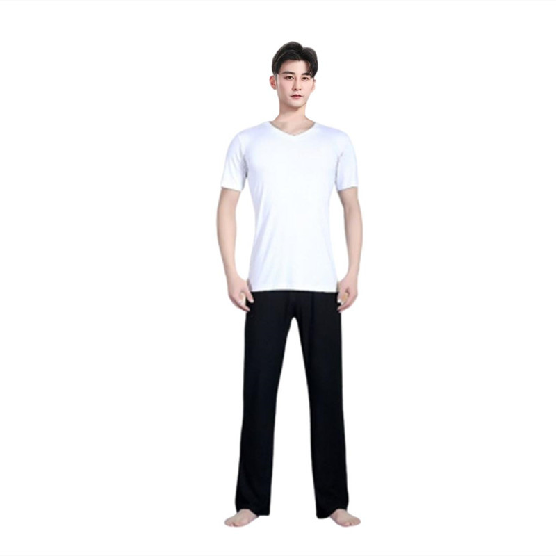 White V-neck short sleeve + black straight pants