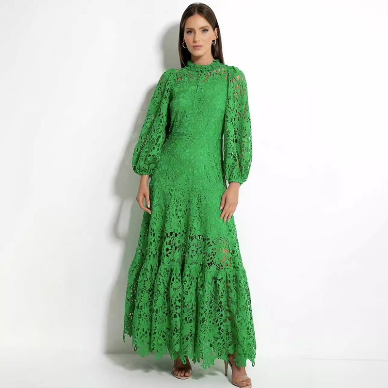 European and American popular 2023 early autumn small stand collar embroidered hollow three-dimensional lace lantern sleeve extended large swing dress
