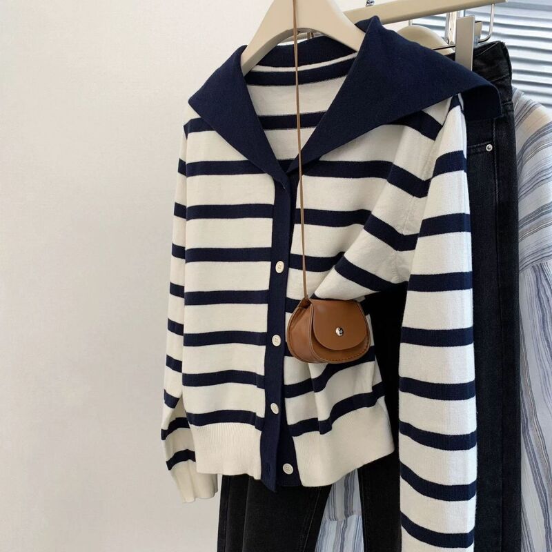 Contrast Stripesd Navy Collar Knitted Cardigan for Women 2025 Spring & Fall New Design V Neck Long-Sleeved Thin Sweater Top