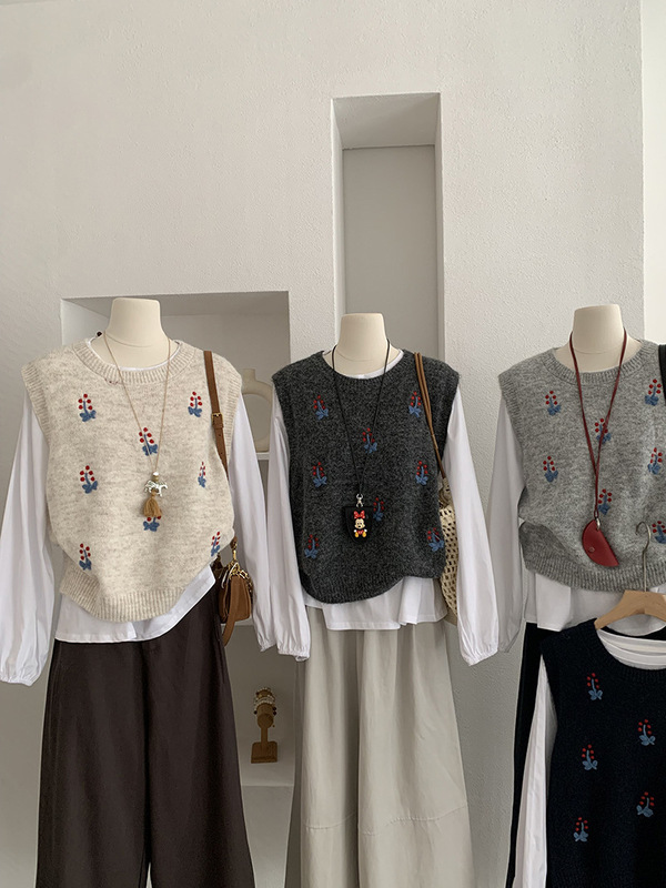 衣长55胸围50 羊驼绒针织毛衣马甲上衣花卉绣花精品时尚套头衫|undefined