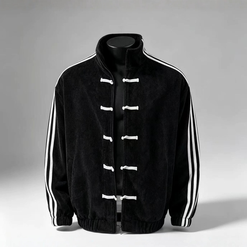 New Chinese-Style National Style Buttoned Jacket for Men, Spring Design, Stand-Up Collar Baseball Jacket, Three-Stripe Sports Cardigan Jacket