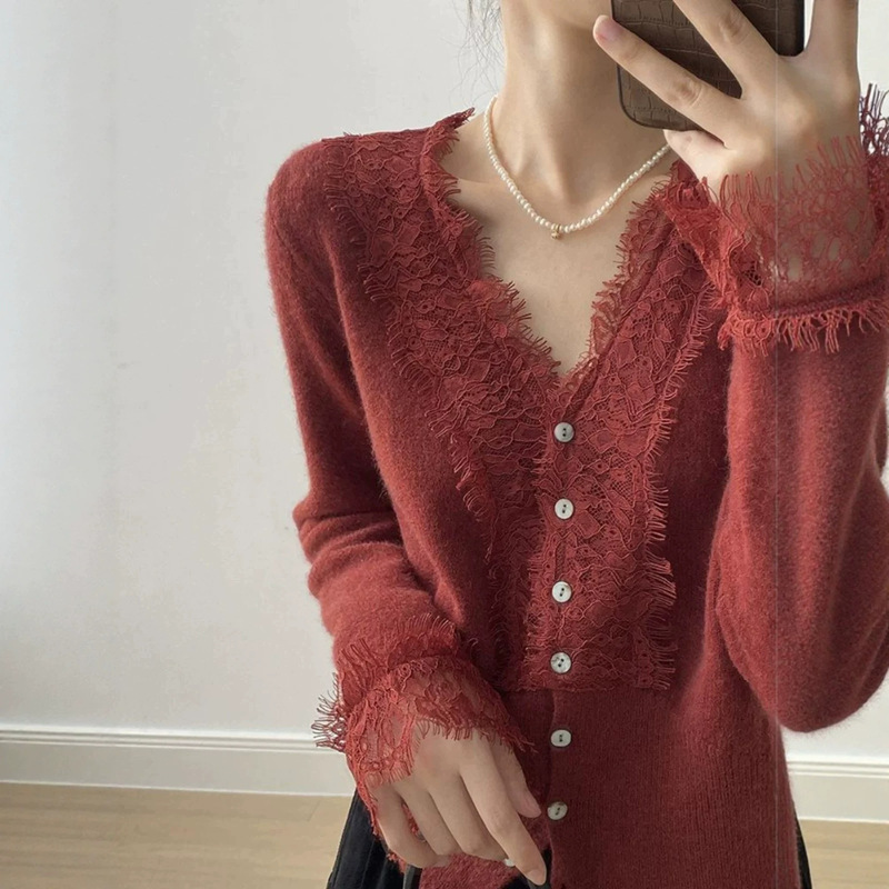 26 New Summer Style Fine Wool Atmospheric V-Neck Lace Trim Velvet Knit Buttoned Cardigan Top for Women