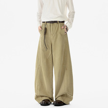 卡其色工装牛仔裤男款秋季美式潮牌打褶弯刀裤子高街宽松阔腿长裤