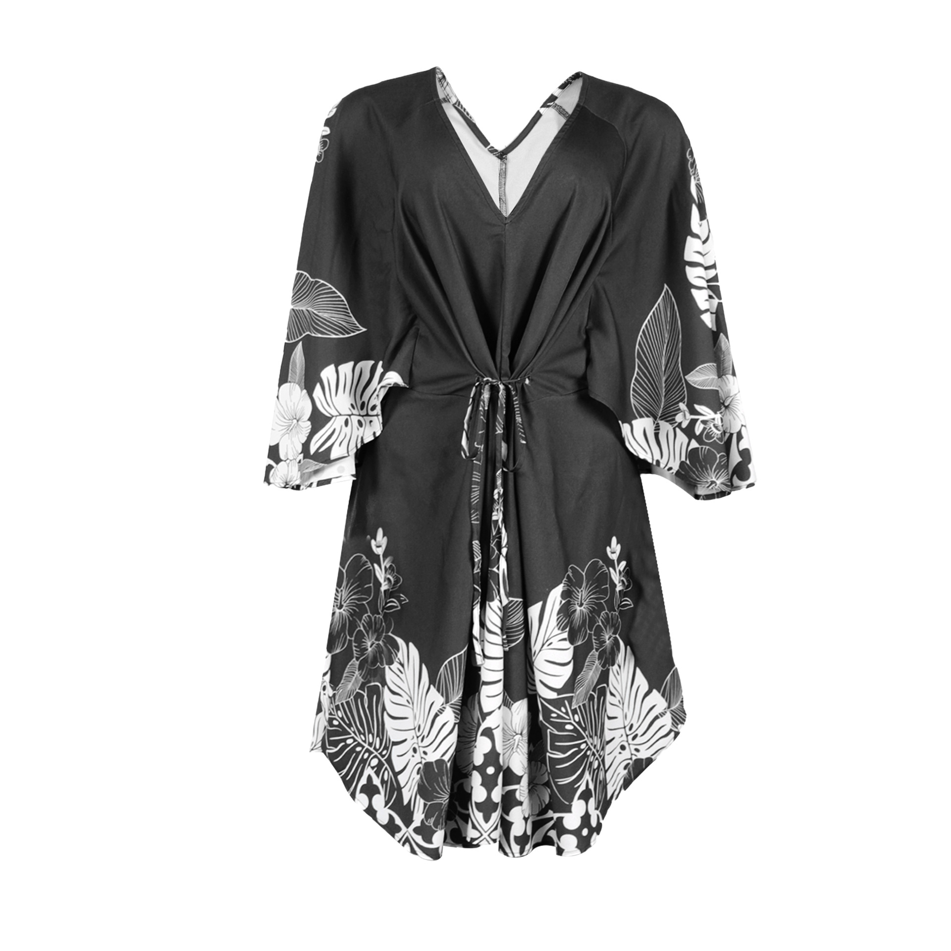 Women's Clothing Casual Fashion Printed Tie Strap Slit V Neck Long Sleeve Dress_ecoleips.com