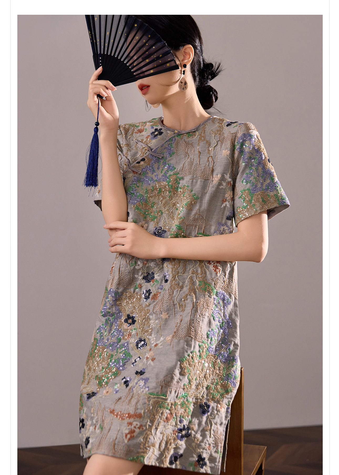 Váy ngắn thêu sequin phong cách Trung Hoa mới mùa hè M4239 — Màu xám chi tiết 6