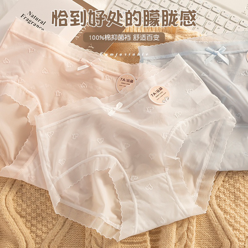 Pure Desire Girl ~ Sexy Lace Underwear Women's Translucent Breathable Mid-Waist Briefs Cute 7A Antibacterial Crotch