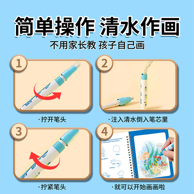 Versión transfronteriza en inglés Libro de pintura de agua para niños Libro de pintura de graffiti de agua clara Libro de pintura Pegatina Álbum de fotos Juguetes educativos para bebés Libro de pintura de agua