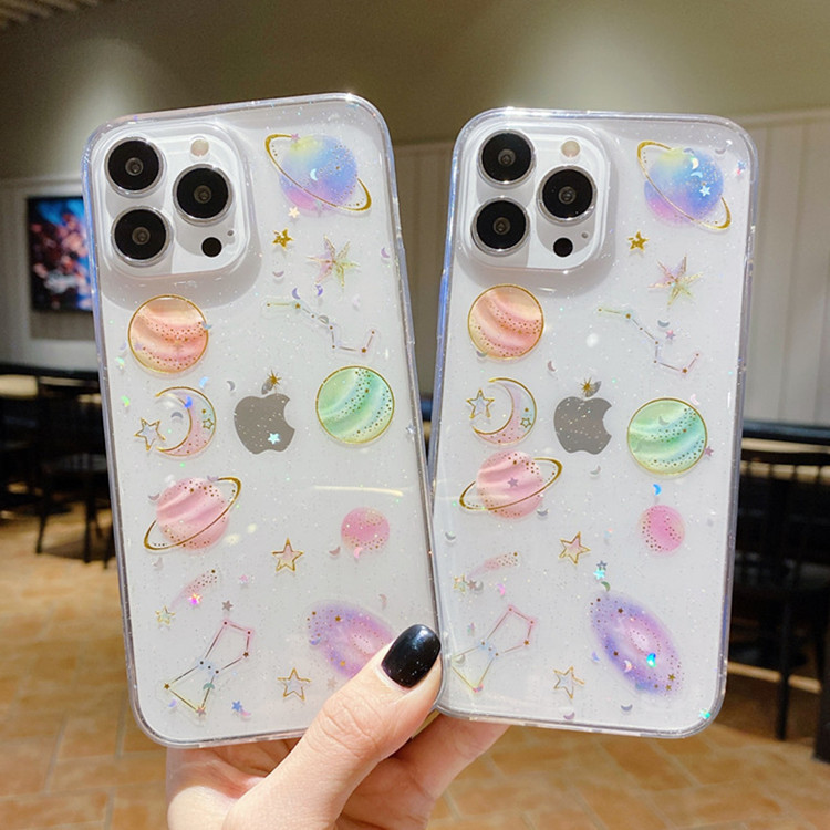 Suitable for iPhone 17 Phone Case, Creative Planet Transparent Glitter Glue Full-Cover New S25 Ultra Protective Case