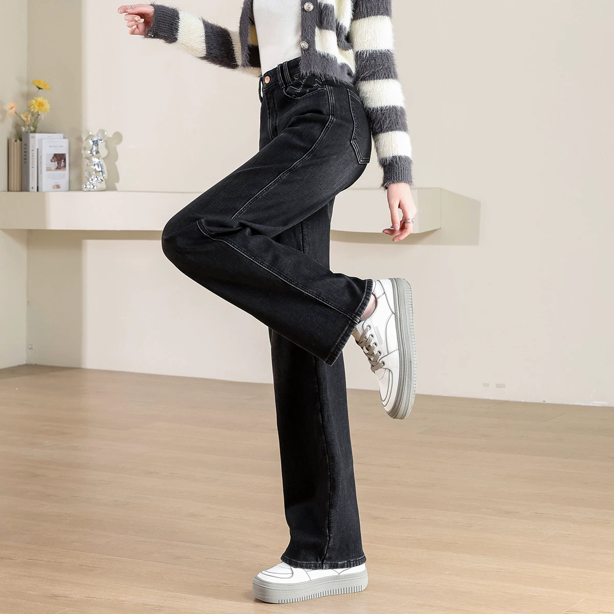 Теплые jeans, модные джинсы, высокая талия, свободный крой
