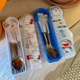 卡通粉蓝猫不锈钢筷子勺子叉子学生套装收纳盒便携三件套可爱餐具