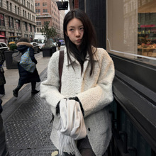 尺寸已更新 韩系氛围感毛毛外套女秋冬宽松中长款翻领单排扣大衣
