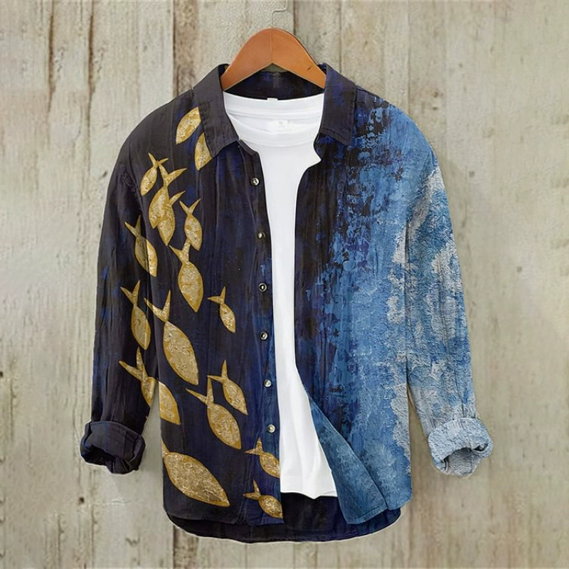 Мужская рубашка с длинными рукавами, весна и осень, тонкая, удобная, льняная, в корейском стиле, молодежная, в консервативном стиле, креативная, с цифровой печатью, в стиле ретро