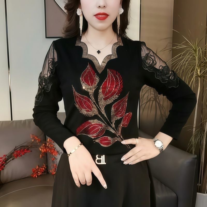 Nueva moda de moda con escote en V con recorte de diamante caliente, hombro con fugas extranjeras, estilo extraño versátil, talla grande y manga media temperamento que adelgaza camiseta de manga larga para mujer image 8