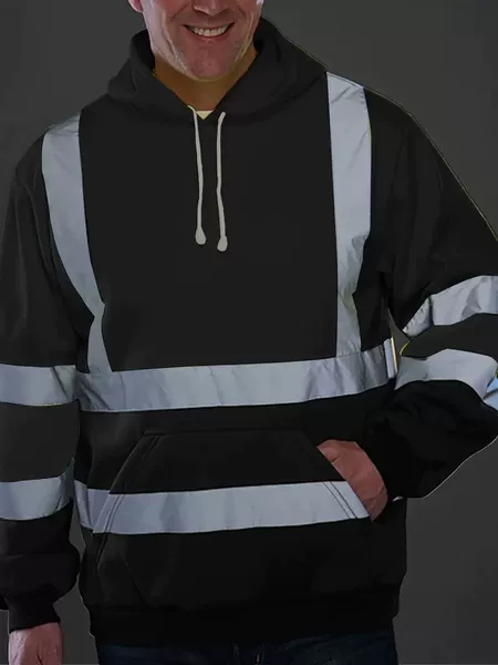 Cross-Border Export Popular Men's Reflective Strip Ring Fleece-Lined Hooded Top to Protect Against Cold Outdoor Hooded Reflective Sweatshirt for Men