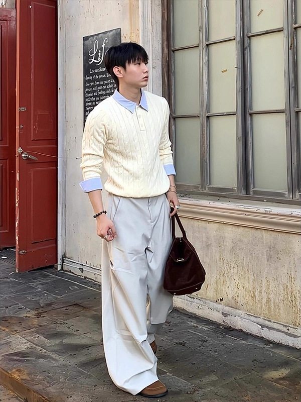 假两件拼接条纹毛衣男高级感老钱风麻花纹Polo毛衣cleanfit针织衫|undefined