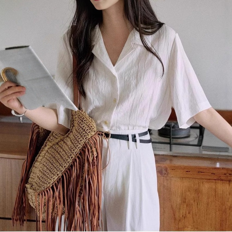 "South Sea Holiday" Loose Short-Sleeved Cuban Collar Shirt for Women, Summer French Retro Casual Top, White Cotton "South Sea Holiday" Loose Short-Sleeved Cuban Collar Shirt for Women, Summer French Retro Casual Top, White Cotton
