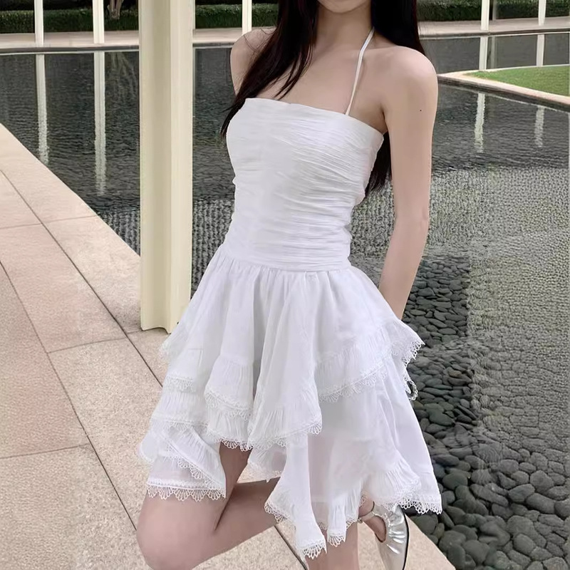 Sweet Spicy Wind [Rotating Ballet] White Irregular Hem Hanging Neck dress Women's Sling Strap Skirt