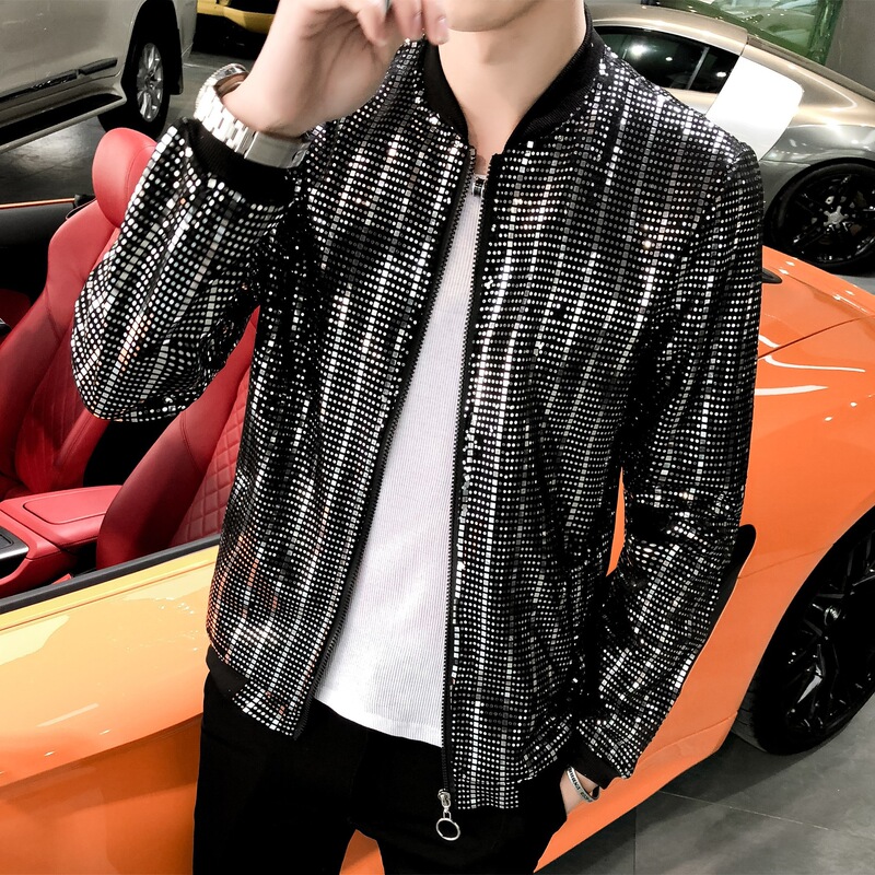 in stock wholesale cross-border men's personalized fashion coat net popular nightclub hair stylist sequins thin jacket society