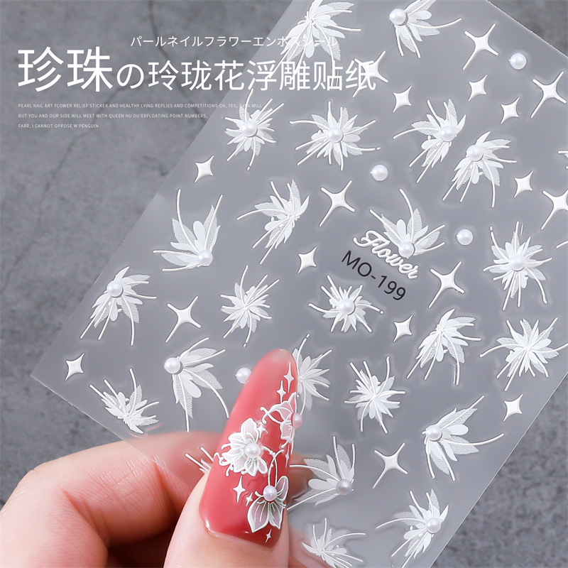 Red neta perla exquisita flor pegatinas de uñas diamante de cristal blanco mariposa pintada a mano pegatinas de uñas en relieve tridimensional con pegamento trasero