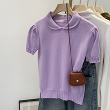法式紫色娃娃领短袖T恤女夏日2025新款韩版设计感掐腰针织衫上衣