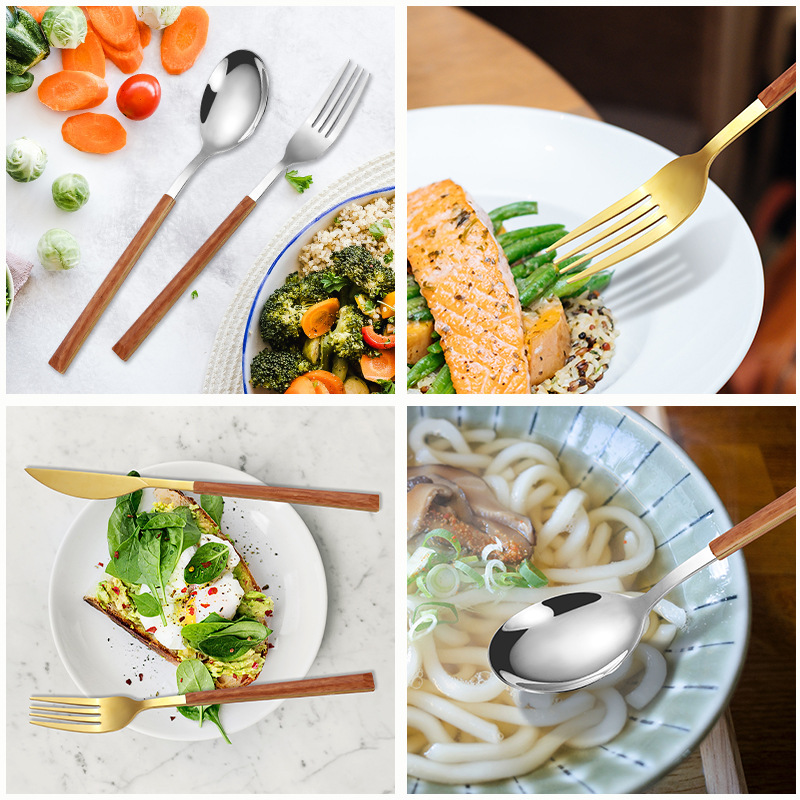 Amazon imitación de acero inoxidable mango de madera vajilla cuchillo de carne nórdica tenedor cuchara de postre creativo chapado en oro mango de clip cuchara de grano de madera