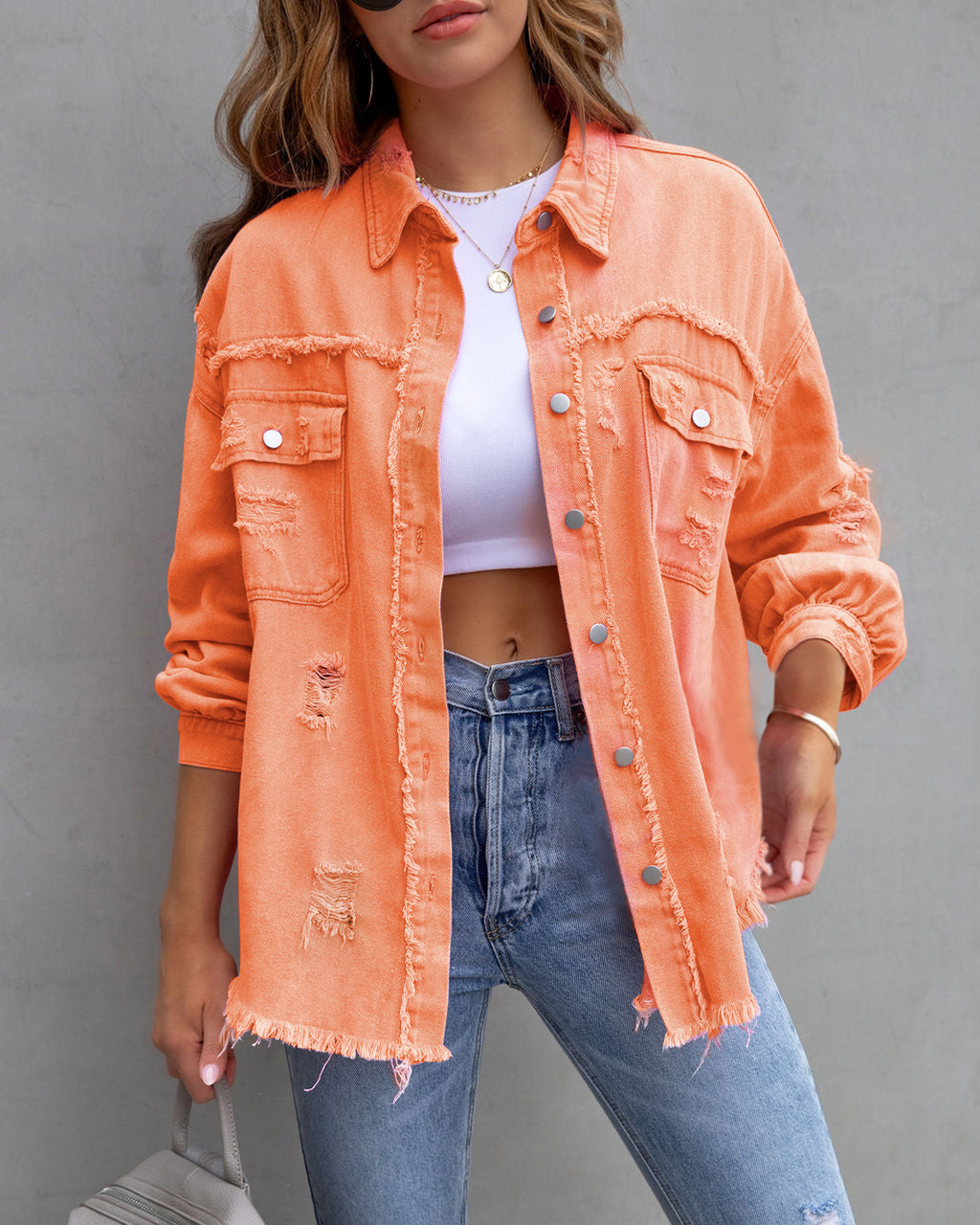 Giacca di jeans donna con volant strappata bavero manica lunga_voghion.com