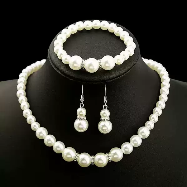 Imitation Pearl Necklace, Bracelet, and Earring Set for Brides, Beautiful Wedding Photo Accessories, Gift for Mom, Three-Piece Set with Shell Pearls