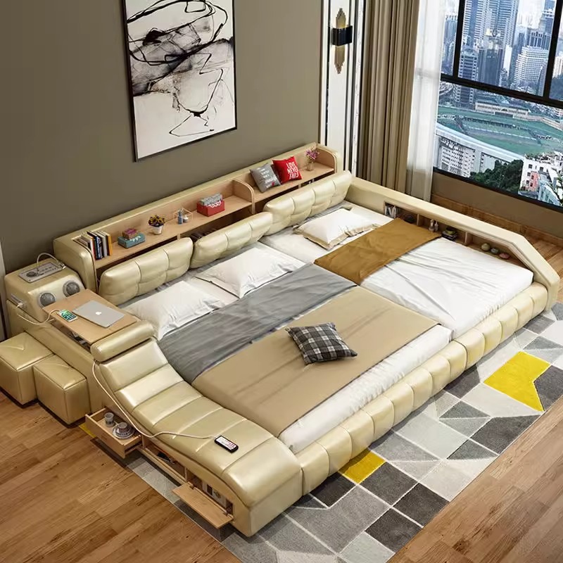 Modern minimalist multi-functional massage leather bed, large house master bedroom parent-child split bed, foreign trade multiple people widened twin bed