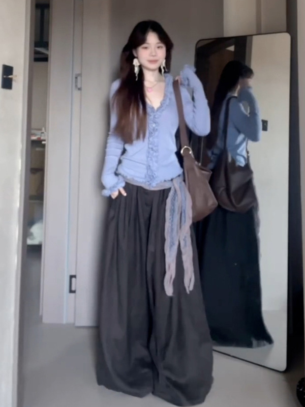 高级感别致领长袖木耳边针织开衫早秋新款独特绝美上衣|undefined