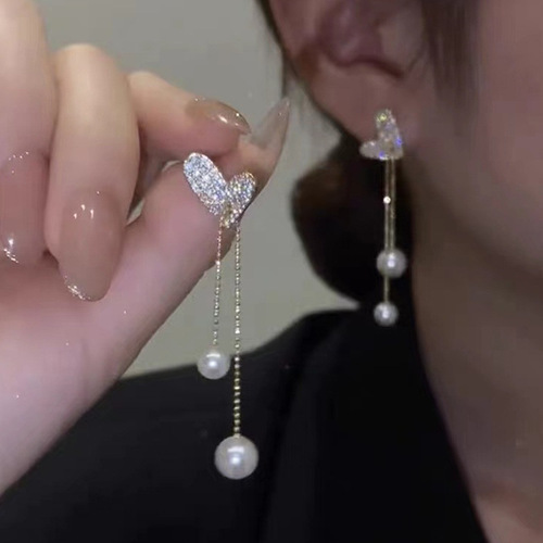 New 925 silver needle full diamond heart-shaped pearl earrings, tassel long rhinestone love niche design earrings