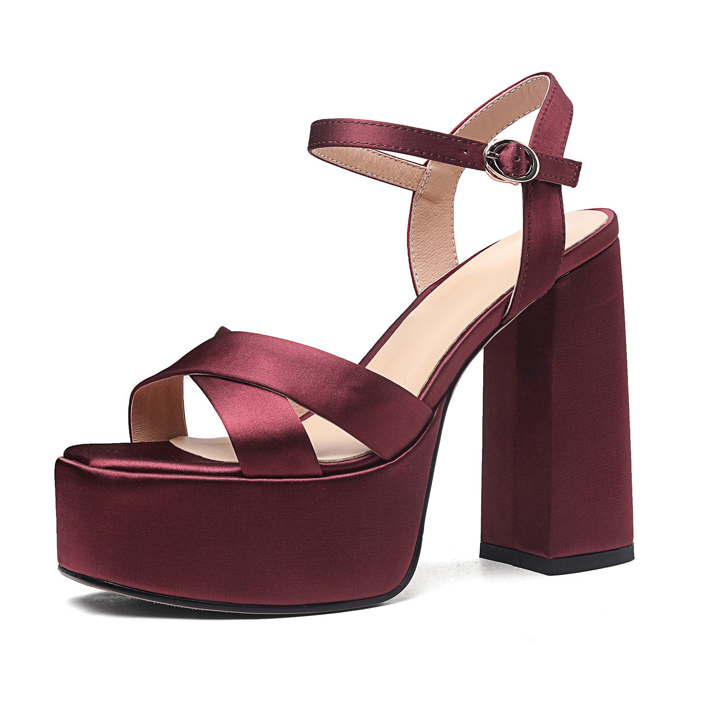 Sandal cao gót nữ hở mũi quai ngang khóa, gót dày 12 cm, phong cách Âu Mỹ — đen