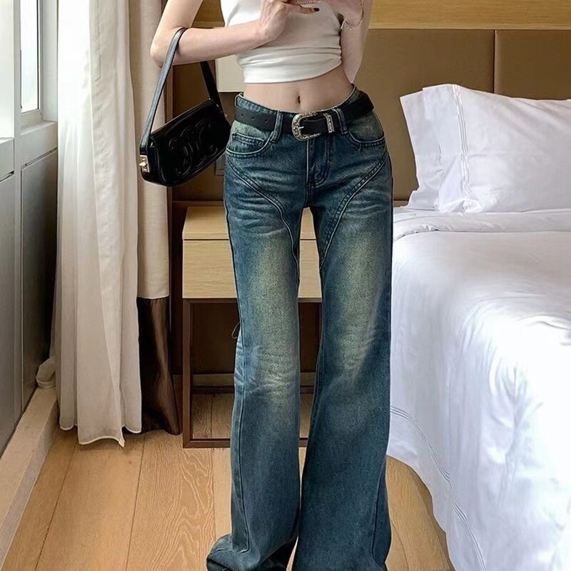 American-style retro micro flared jeans for girls 2023 distressed low waist hot girl straight tall mopping pants