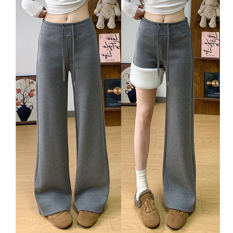 The Same Style of Fleece-Lined Thickened Sports Pants for Women, Stylish Drawstring Wide-Leg Pants, Loose Fit, Slimming Straight-Leg, Slightly Flared Casual Pants