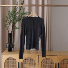2025春夏新款欧美女装16针亨利领绞花蚕丝羊毛长袖打底针织衫上衣