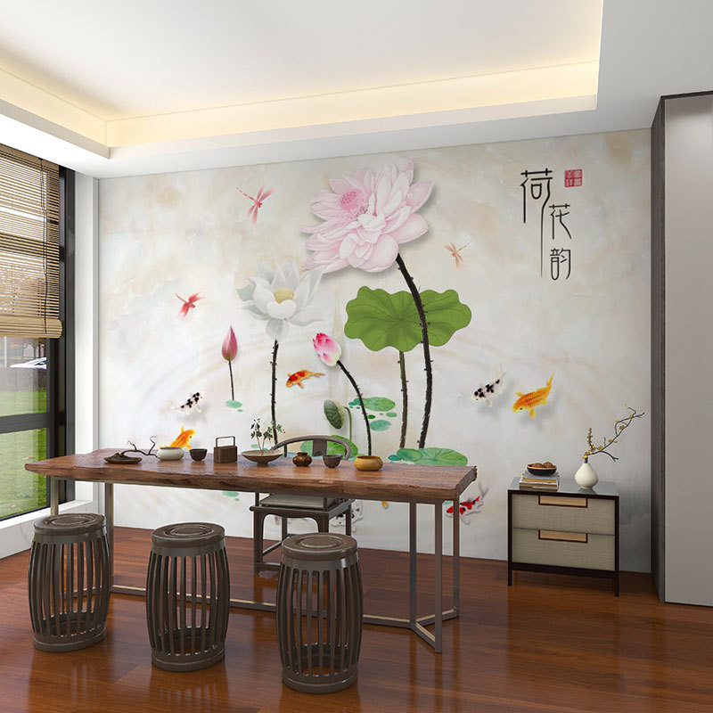 壁画3d立体中式意境荷花电视背景墙壁纸客厅壁布装饰墙布墙纸|undefined