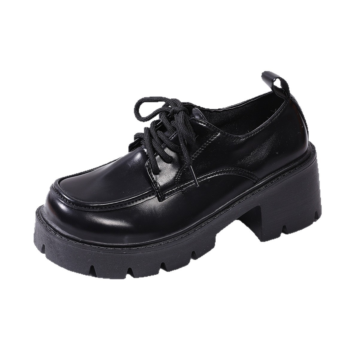 Damesschoenen in Britse stijl met vetersluiting, middelhoge hak, retro design, platformzool, dikke hak, enkellaarsjes, maat 43, lente 2026_voghion.com