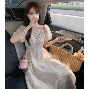 French Style Sweet Floral dress Women's Summer Korean Style Tight Waist Slimming A- line Dress