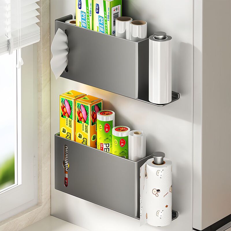 Kitchen Multifunctional Refrigerator Plastic Wrap Storage Rack, Household Punch-Free Side Storage Shelf for Paper Towels and Rolls Kitchen Multifunctional Refrigerator Plastic Wrap Storage Rack, Household Punch-Free Side Storage Shelf for Paper Towels and Rolls