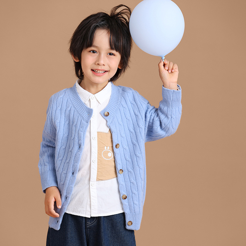 男女子供100% 純ウールクラシックレトロ麻花ニットカーディガン厚手丸襟純色洋気セーター潮