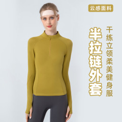 New women's half-zip stand-up collar sports top: slimming, quick-drying design—perfect for fitness, running, training, and yoga with long sleeves.