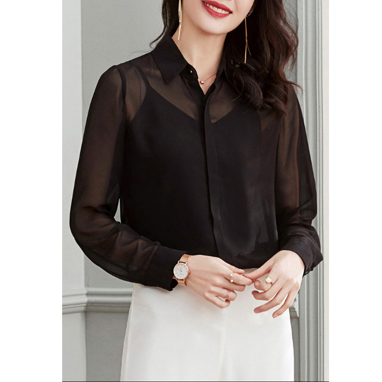 2026 Spring and Summer New Style S590 Thin Sun-Protective Silk Chiffon Long-Sleeved Shirt Transparent Mesh Black Top for Women 2026 Spring and Summer New Style S590 Thin Sun-Protective Silk Chiffon Long-Sleeved Shirt Transparent Mesh Black Top for Women