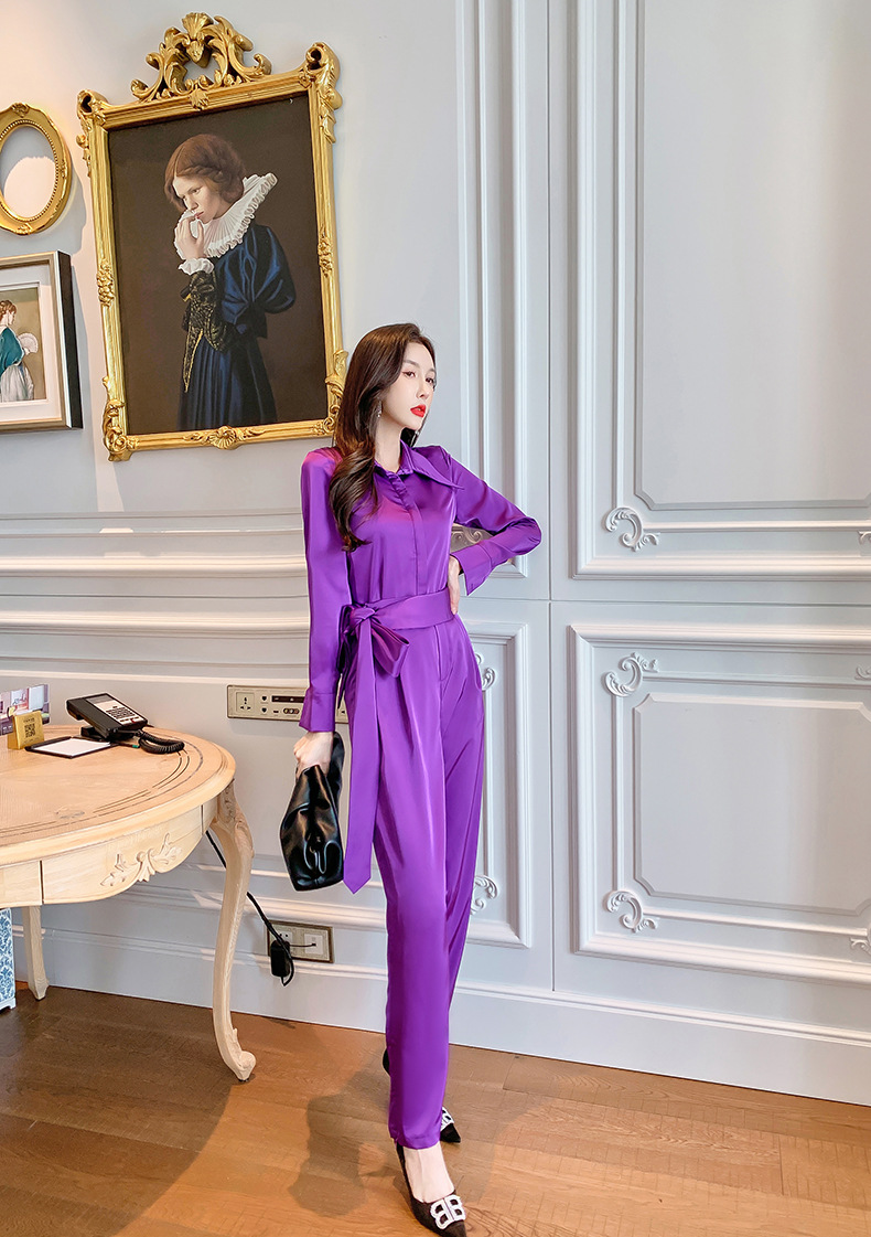 Set áo sơ mi tay dài kết hợp quần ống rộng cạp cao nữ thanh lịch — Màu tím chi tiết 15