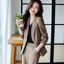 实拍图片咖色小西装套装女2025秋冬新款时尚修身职业装高实体供货