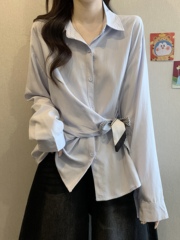 法式丝巾绑带翻领正肩长袖衬衫女2025春秋大码胖mm不规则收腰上衣