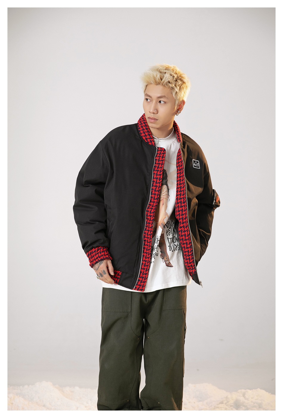 STIWAUP Thousand Bird Grid Splicing Trendy Pilot Coat Winter Men's and Women's Cotton Jacket MY388_voghion.com