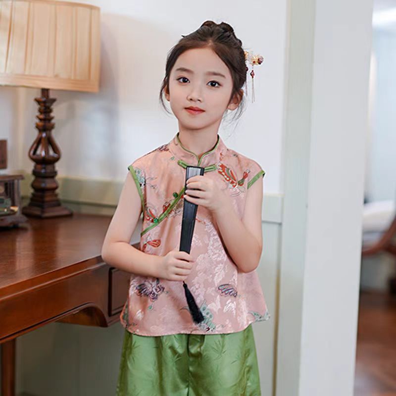 新中式女童夏季短袖套装2025新款汉服中国风马甲旗袍两件套公主装|undefined
